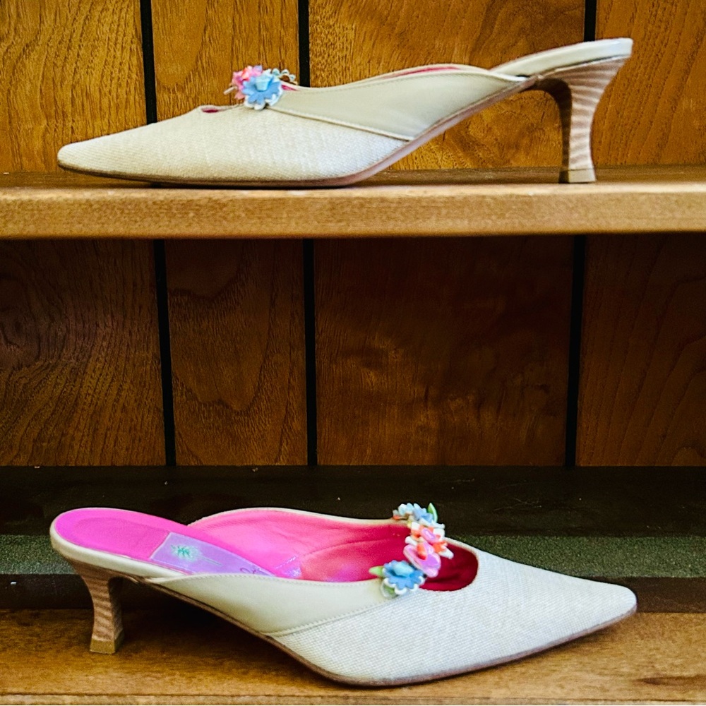Lilly Pulitzer Natual Linen Lucky Flowers Pointed Toe Kitten Heel Mules size 6 M - Picture 5 of 15